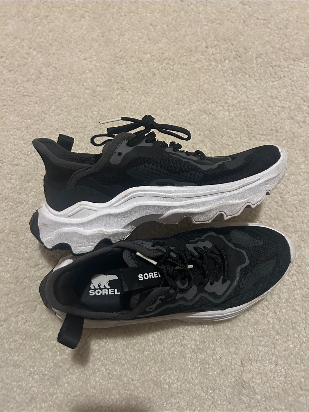 Sorel Black and White Women's Sneakers with Chunky Wave Sole